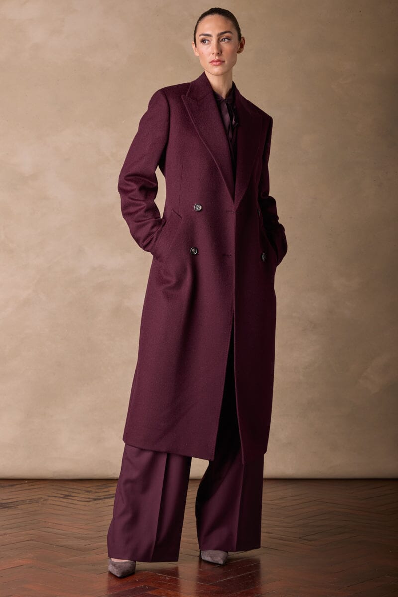 Dita Wide Peak Coat (Belted) - Burgundy Wool