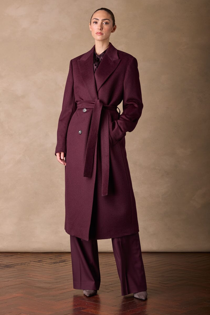 Dita Wide Peak Coat (Belted) - Burgundy Wool