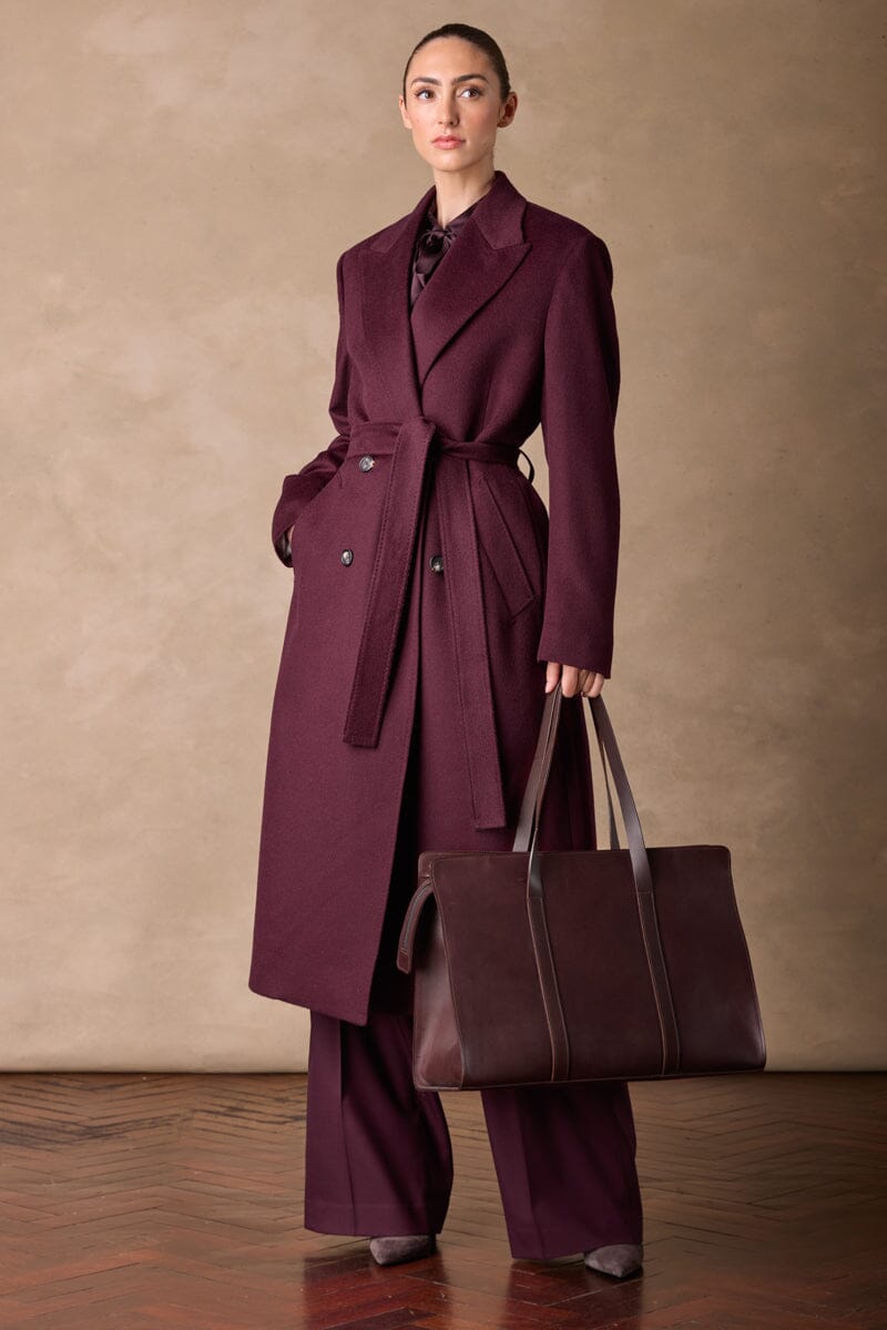 Dita Wide Peak Coat (Belted) - Burgundy Wool