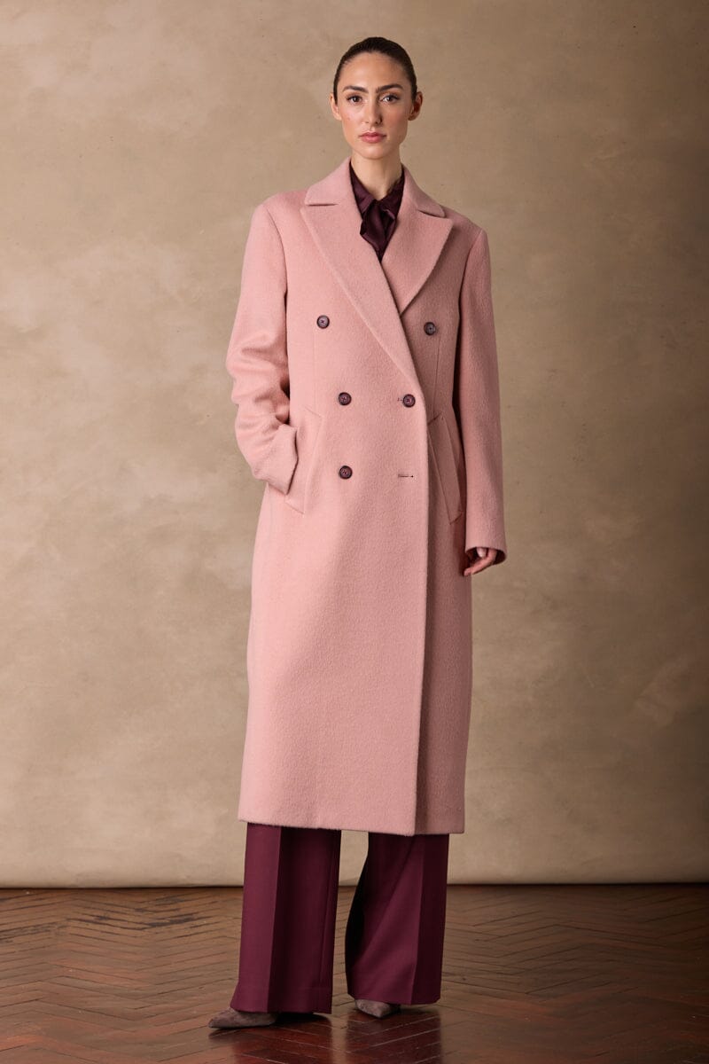 Long Double Breasted Coat - Pink Wool Angora