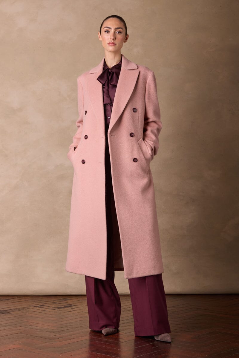 Long Double Breasted Coat - Pink Wool Angora