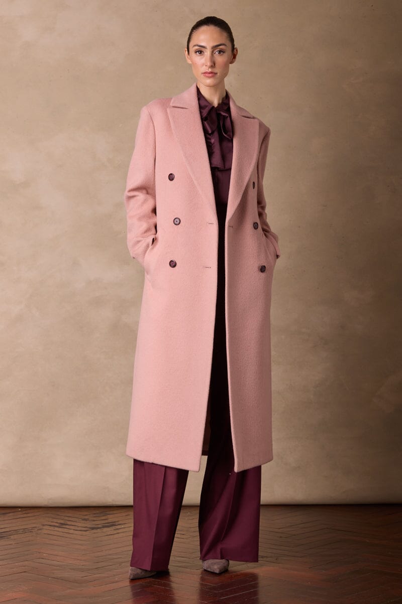 Long Double Breasted Coat - Pink Wool Angora
