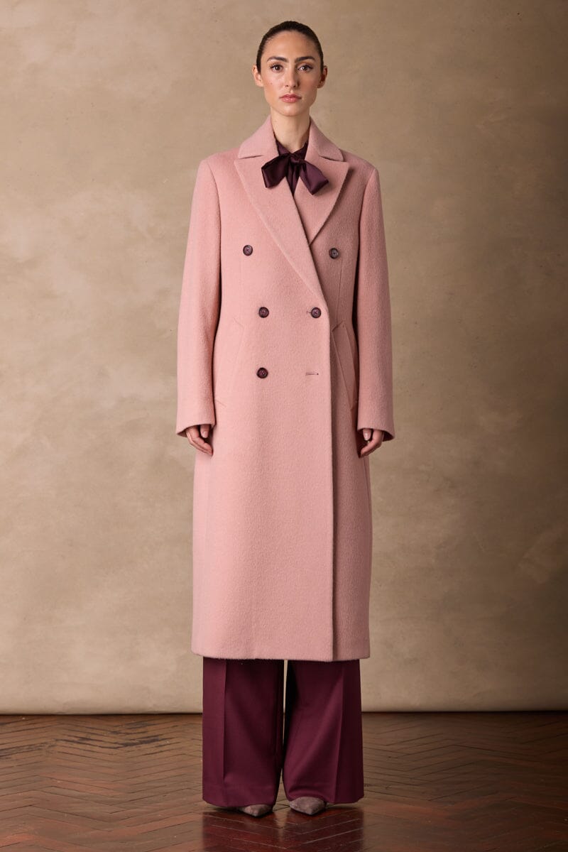 Long Double Breasted Coat - Pink Wool Angora