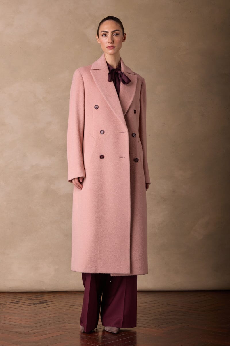 Long Double Breasted Coat - Pink Wool Angora