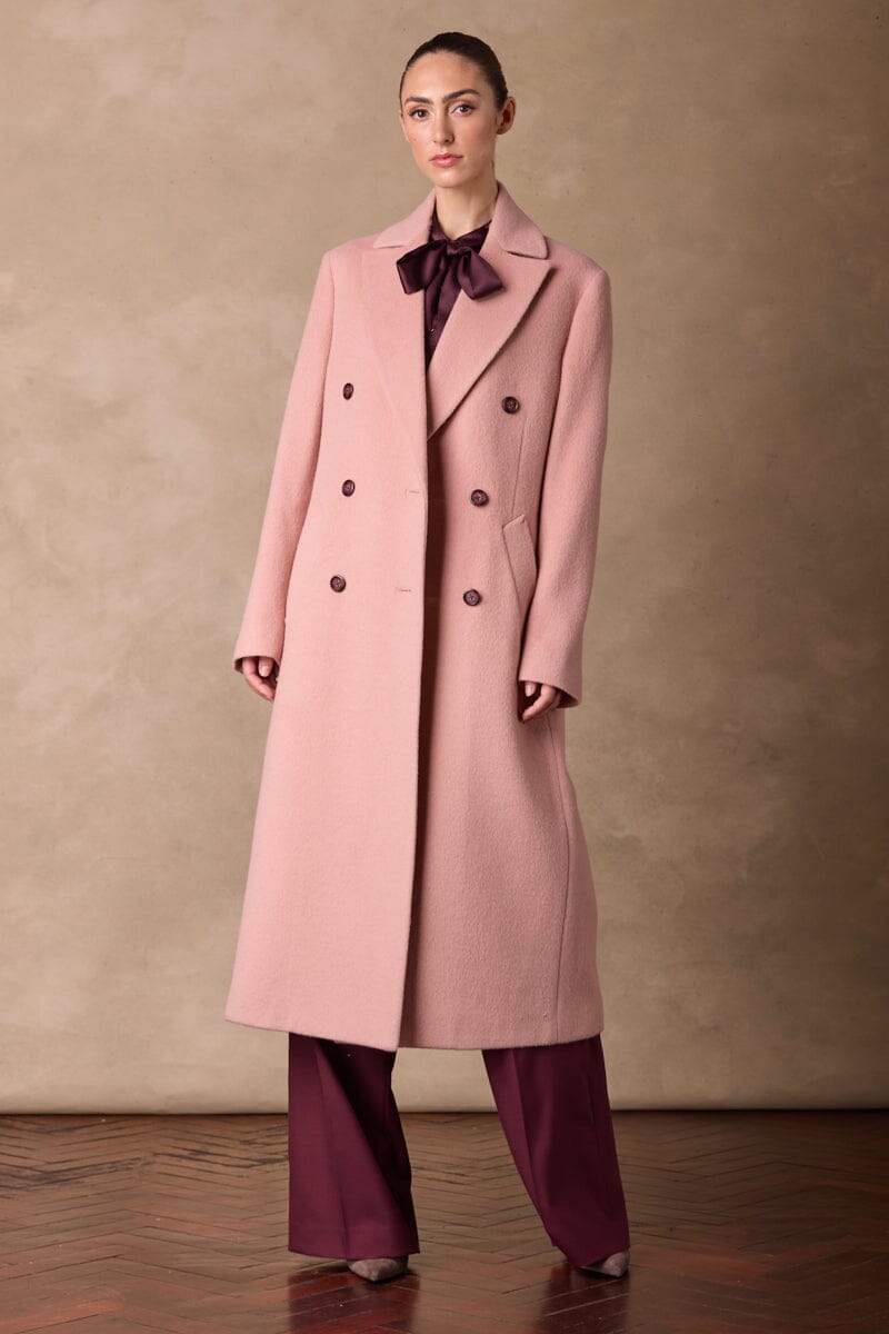 Long Double Breasted Coat - Pink Wool Angora