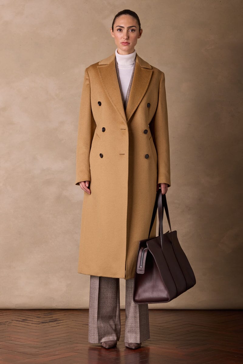 Long Double Breasted Coat - Camel Wool Silk