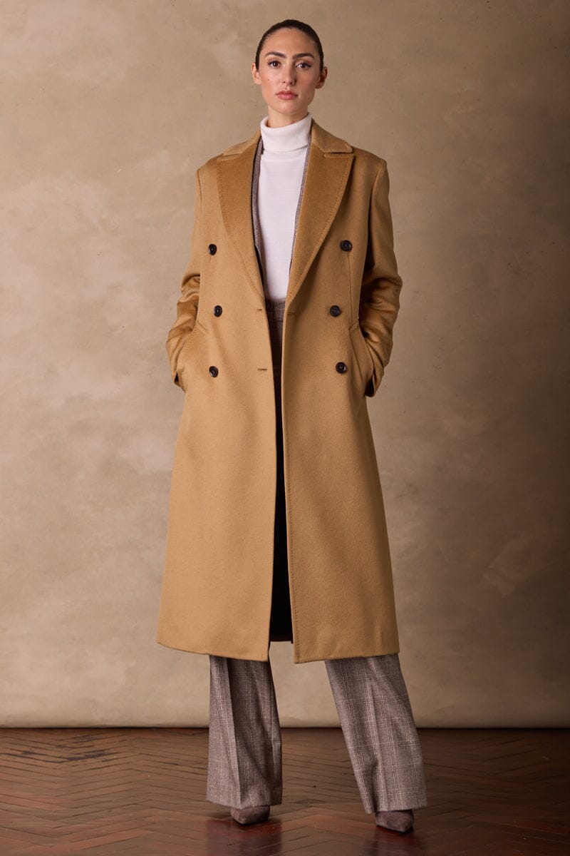 Long Double Breasted Coat - Camel Wool Silk