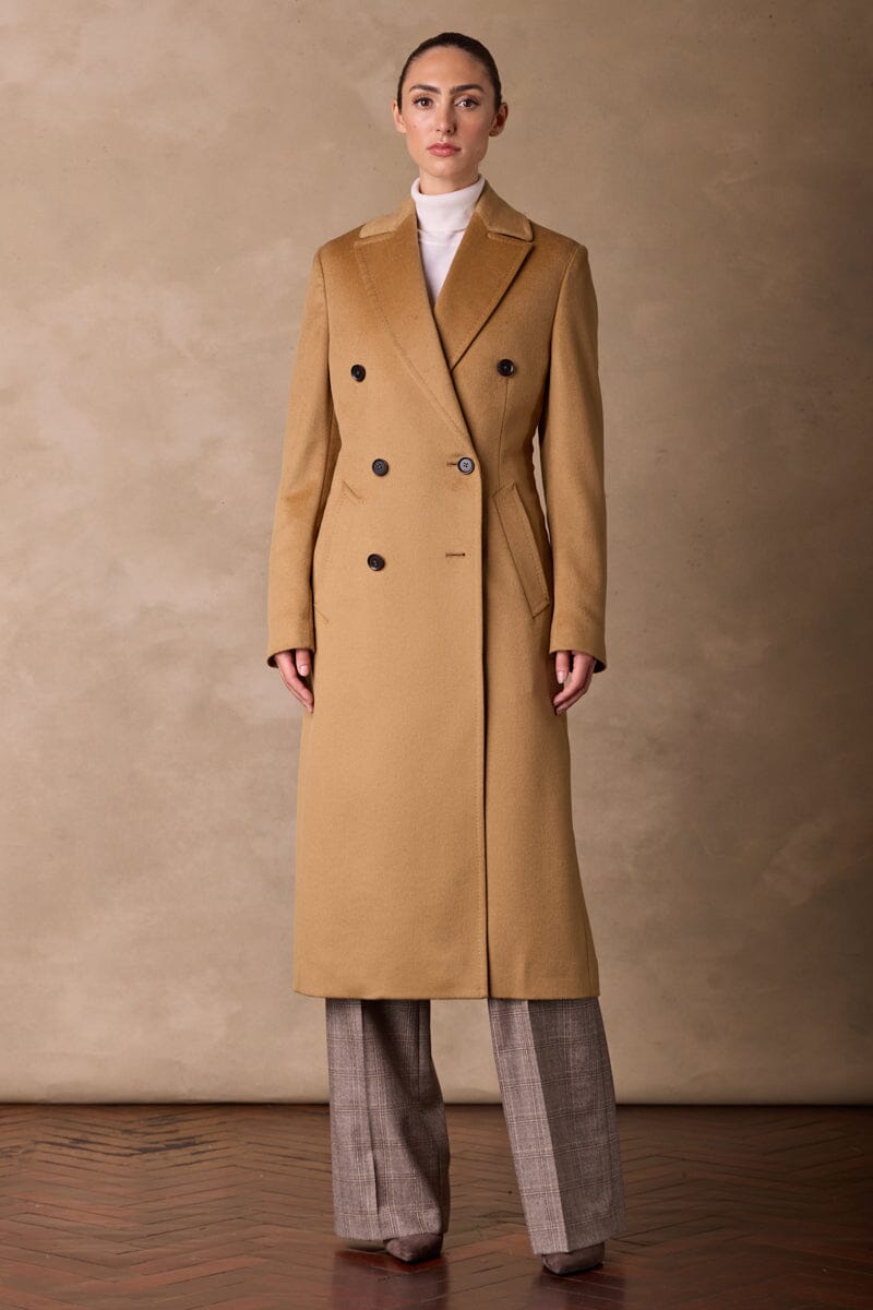 Long Double Breasted Coat - Camel Wool Silk