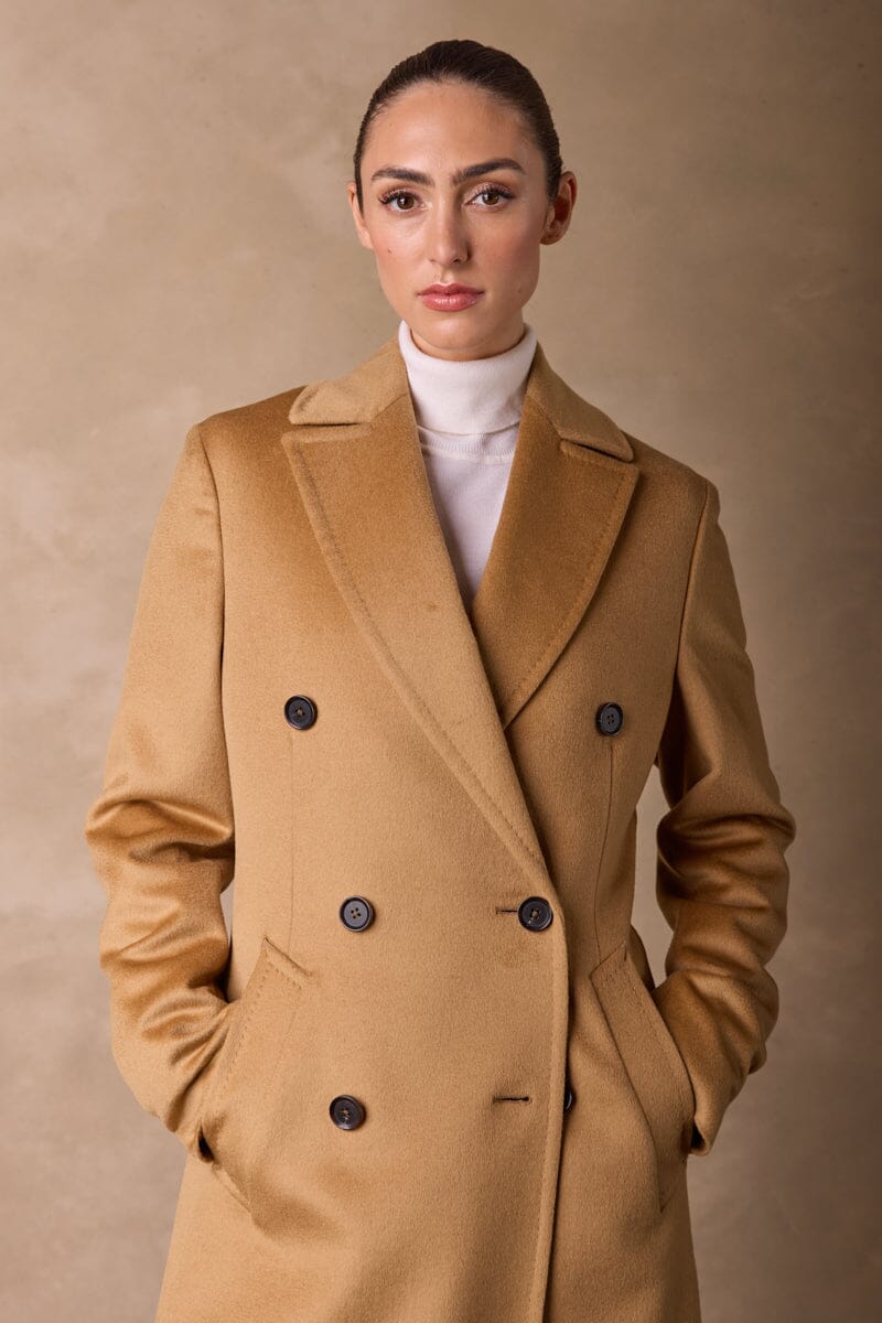Long Double Breasted Coat - Camel Wool Silk