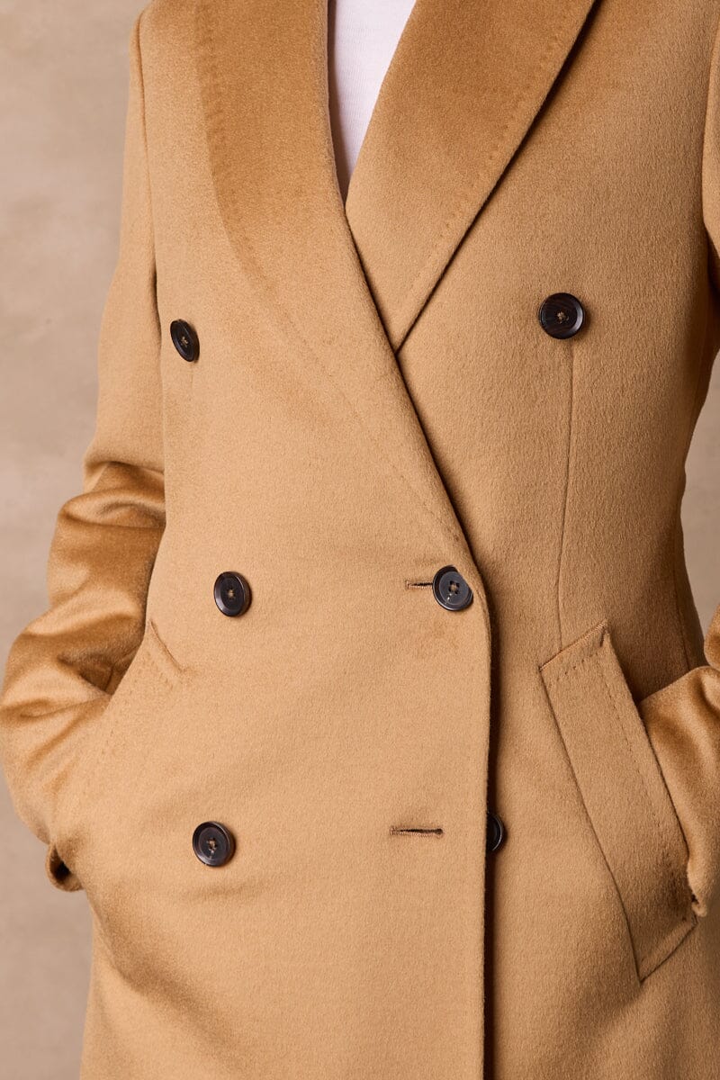 Long Double Breasted Coat - Camel Wool Silk