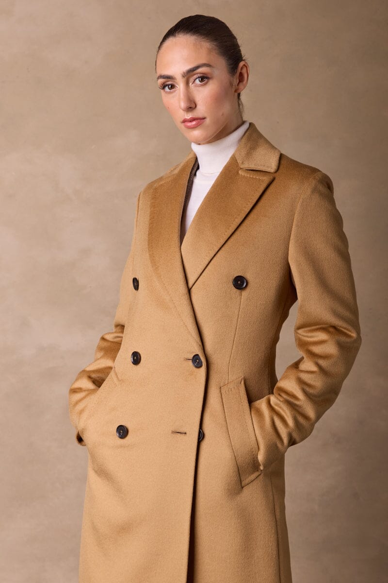 Long Double Breasted Coat - Camel Wool Silk