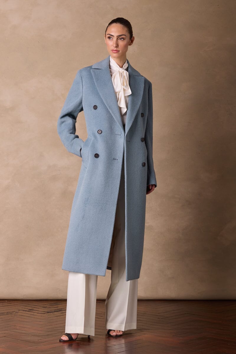 Long Double Breasted Coat - Sky Blue Wool Alpaca