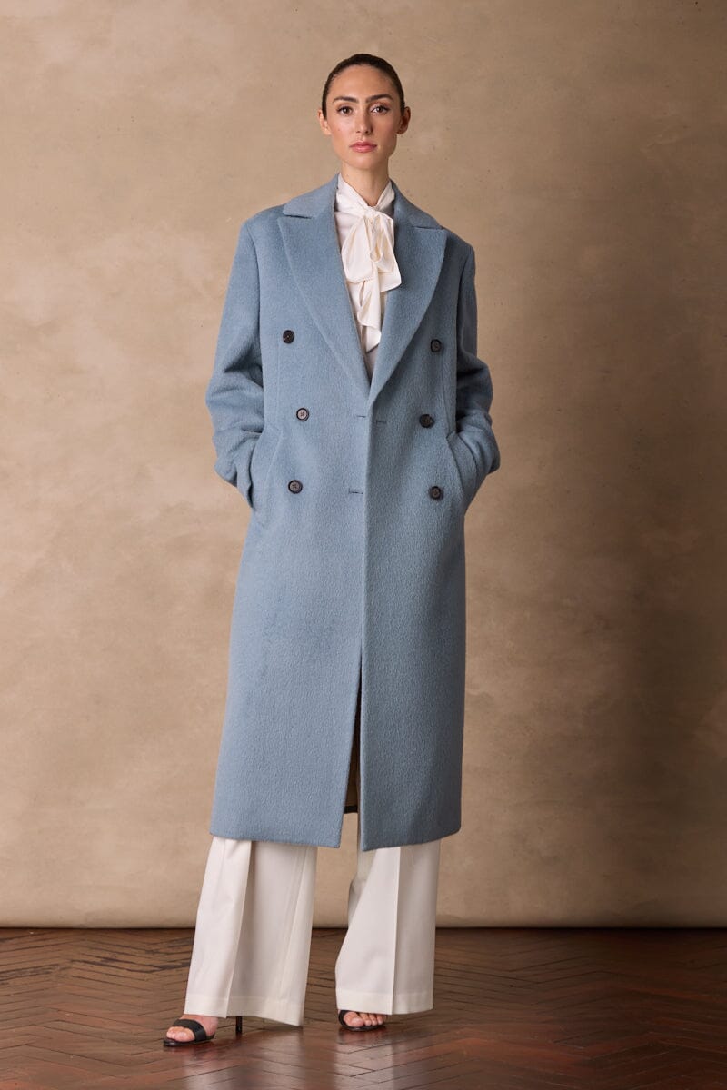 Long Double Breasted Coat - Sky Blue Wool Alpaca