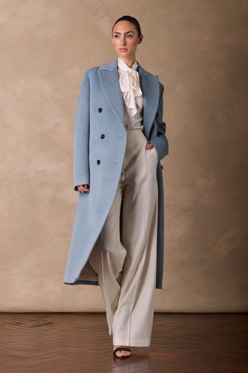 Long Double Breasted Coat - Sky Blue Wool Alpaca