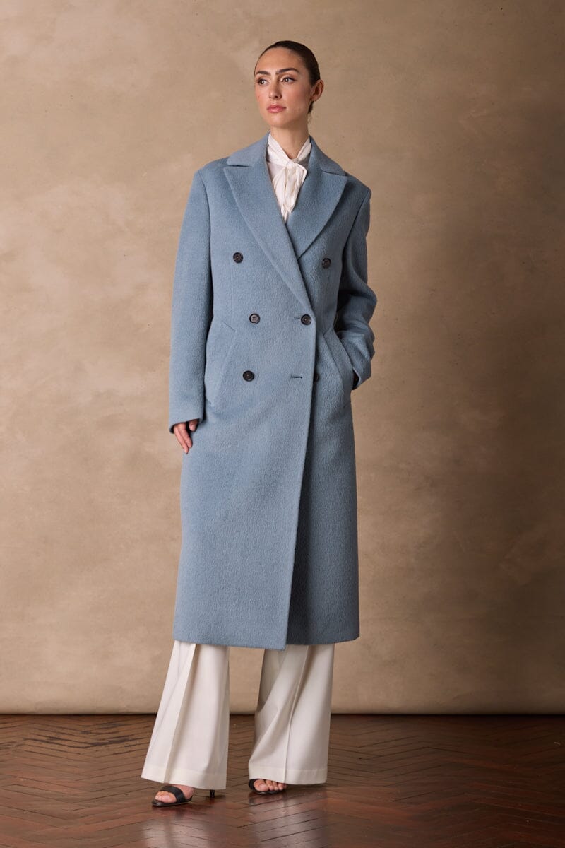 Long Double Breasted Coat - Sky Blue Wool Alpaca