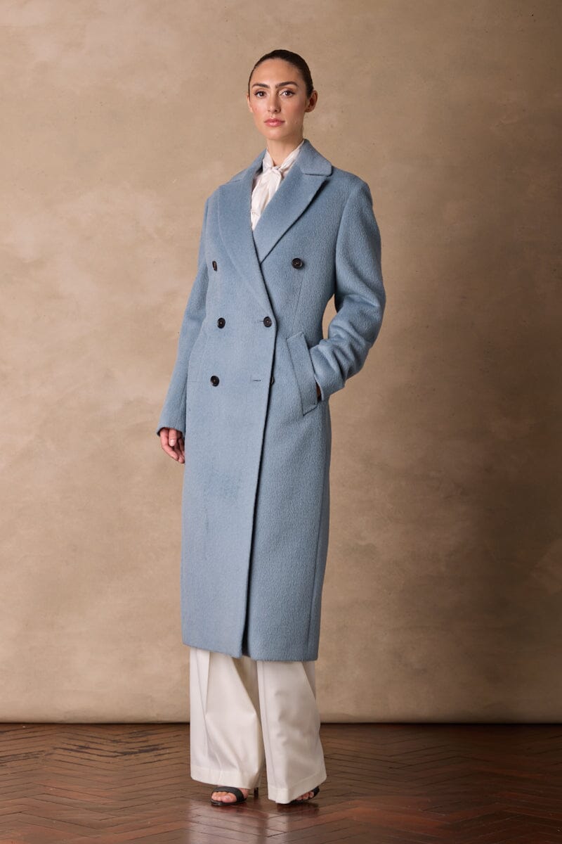 Long Double Breasted Coat - Sky Blue Wool Alpaca