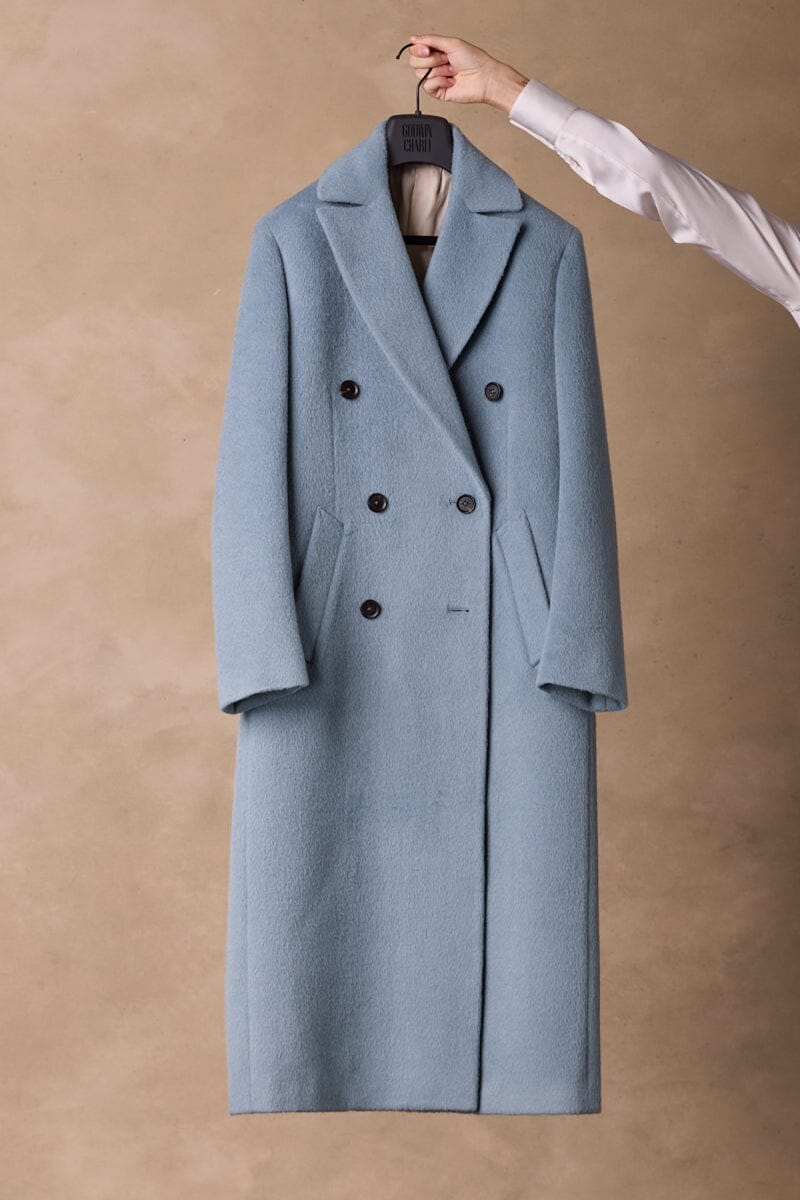 Long Double Breasted Coat - Sky Blue Wool Alpaca