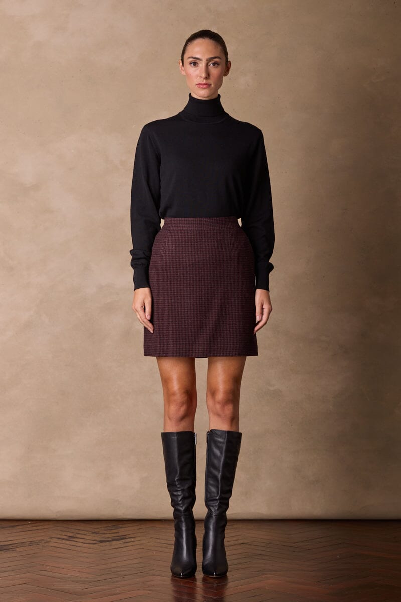 Paris Skirt - Burgundy & Black Houndstooth