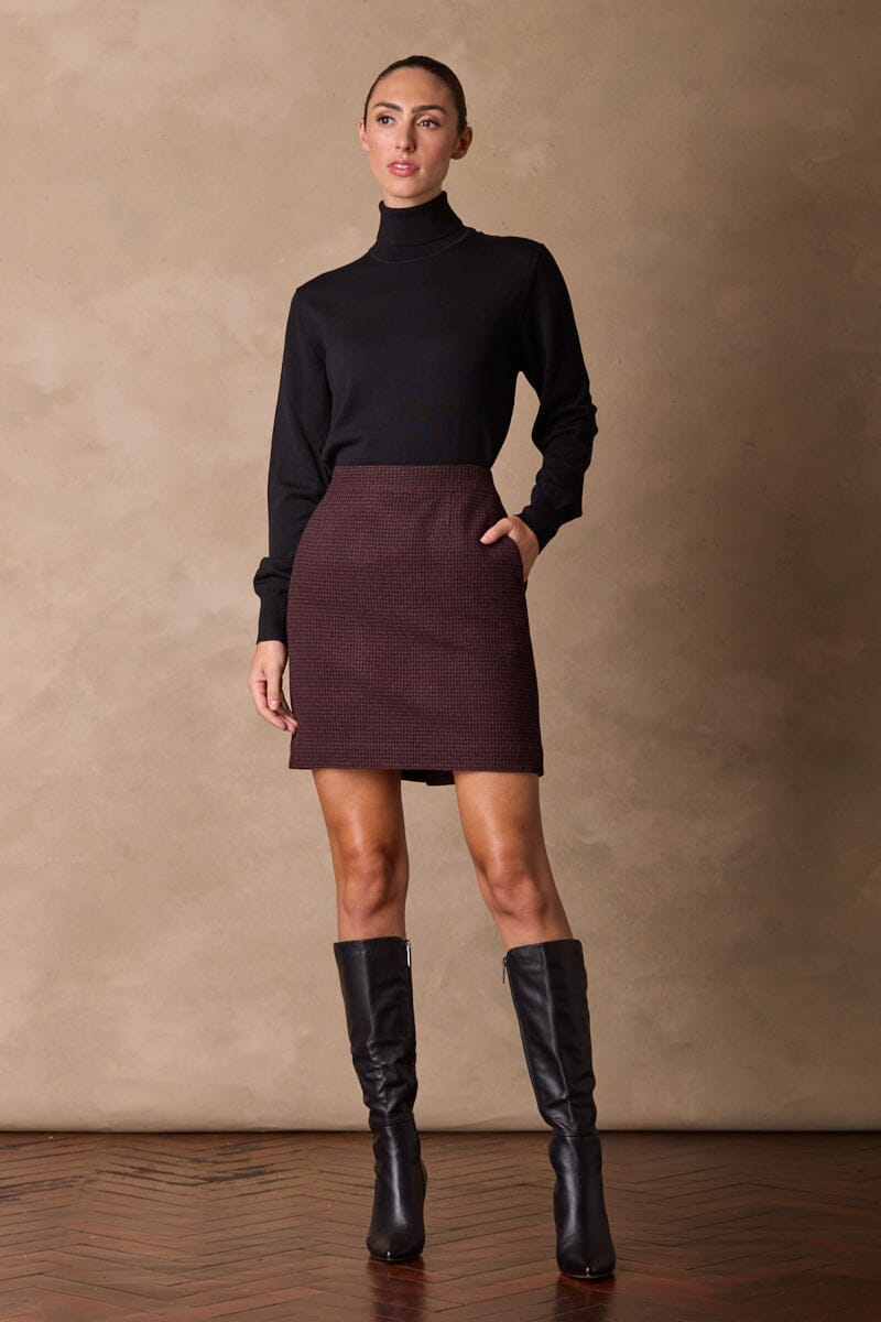 Paris Skirt - Burgundy & Black Houndstooth