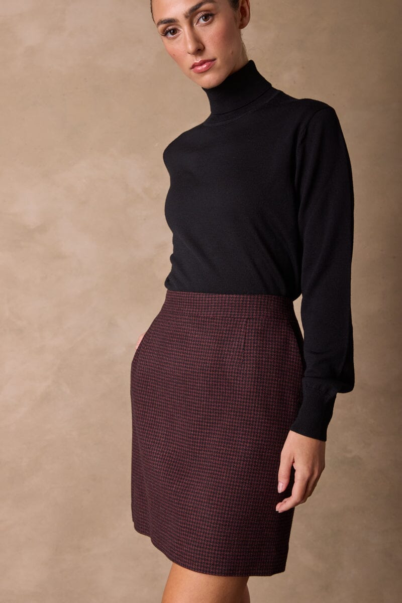 Paris Skirt - Burgundy & Black Houndstooth