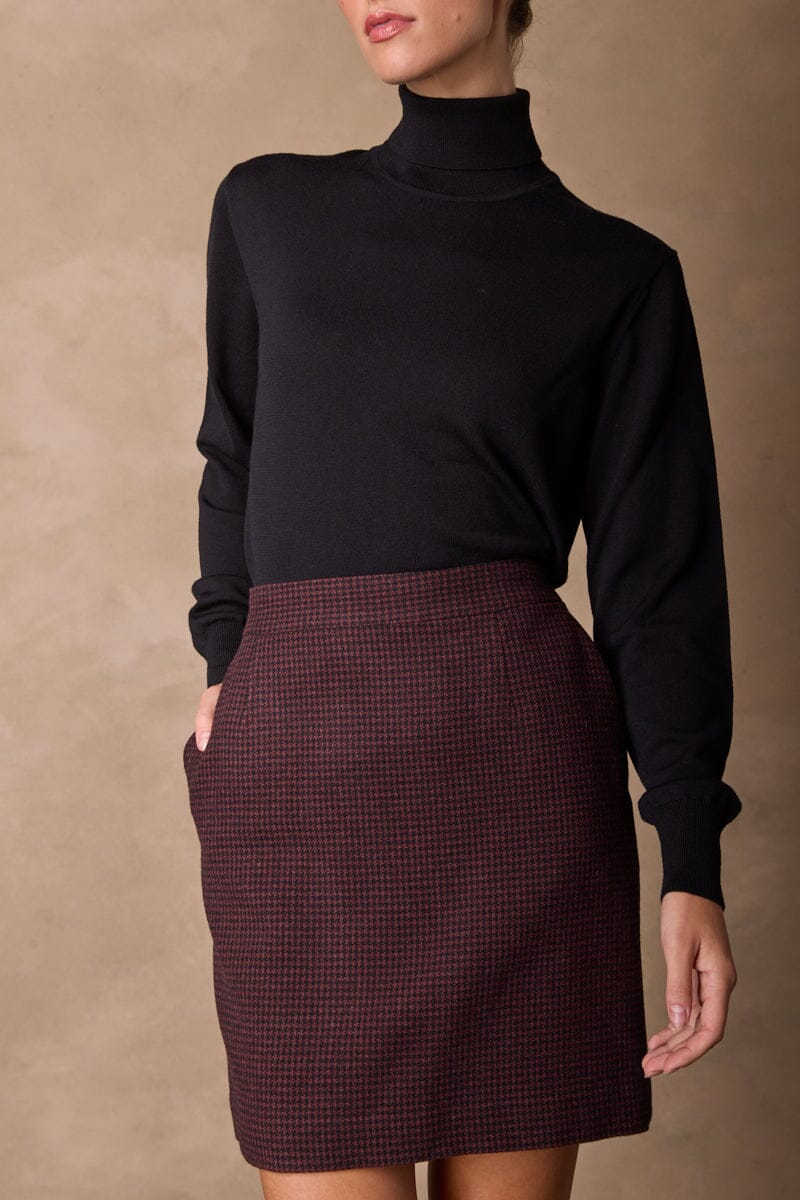 Paris Skirt - Burgundy & Black Houndstooth