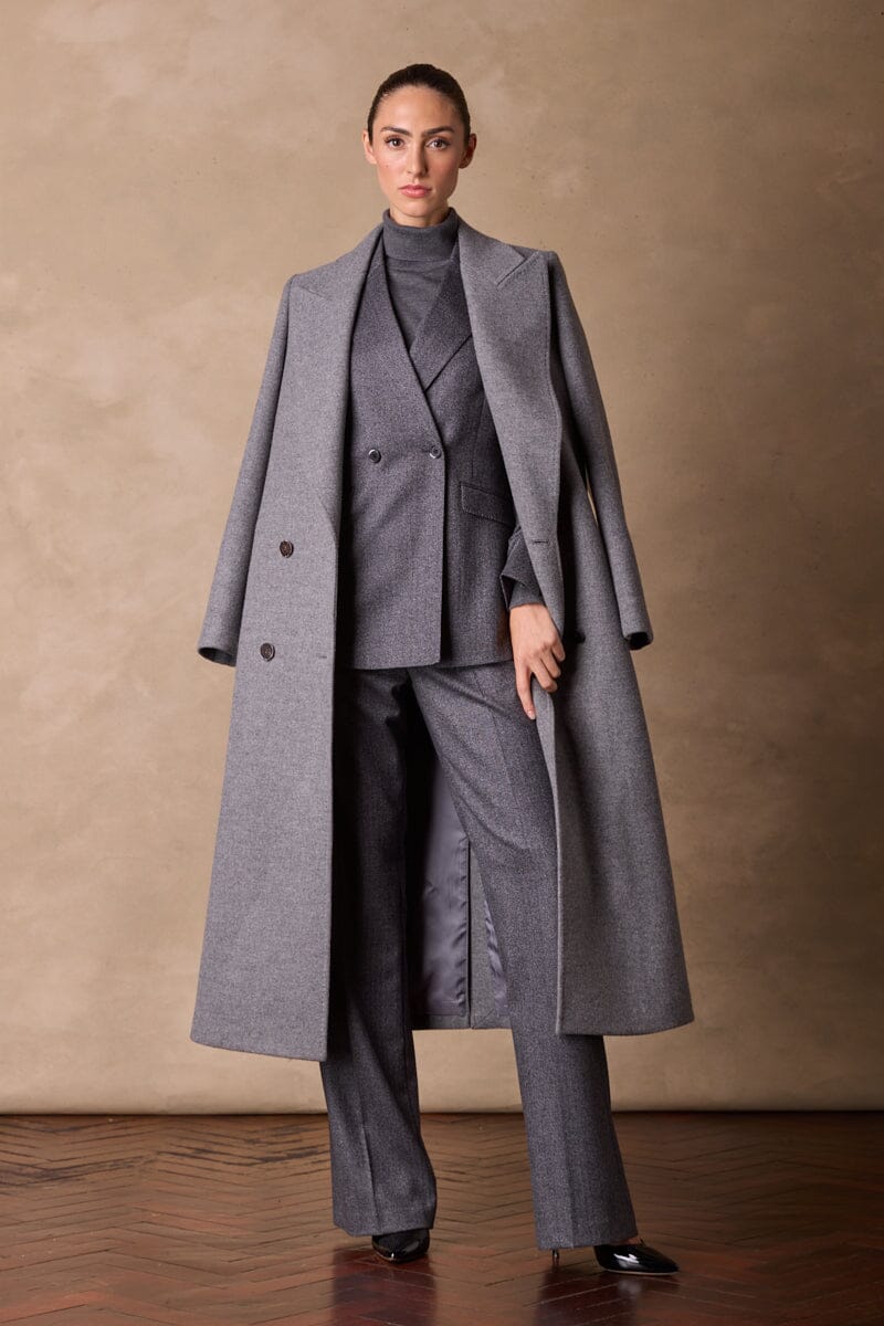 Dita Wide Peak Coat - Grey Wool Silk
