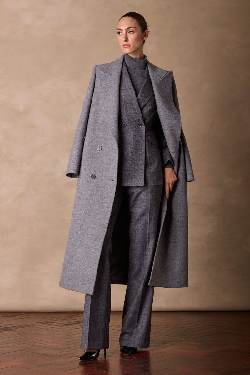 Dita Wide Peak Coat - Grey Wool Silk