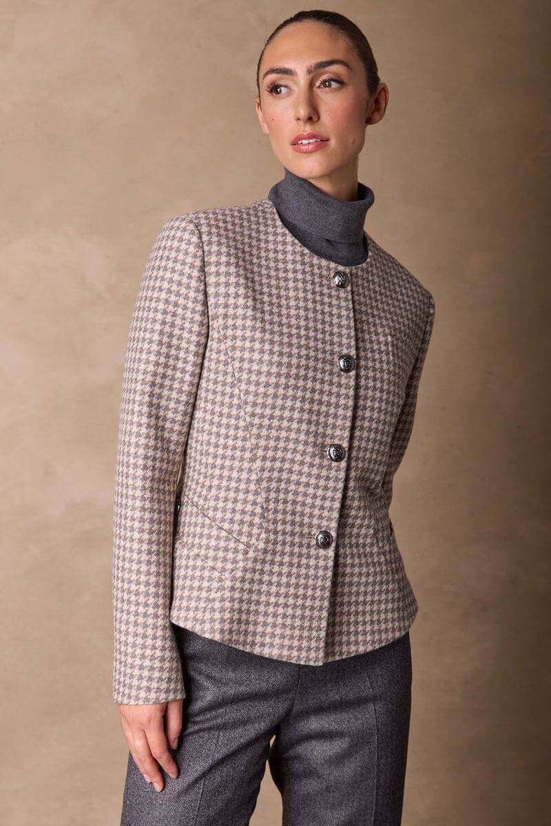 Amelie Crop Jacket - Brown and Grey Houndstooth