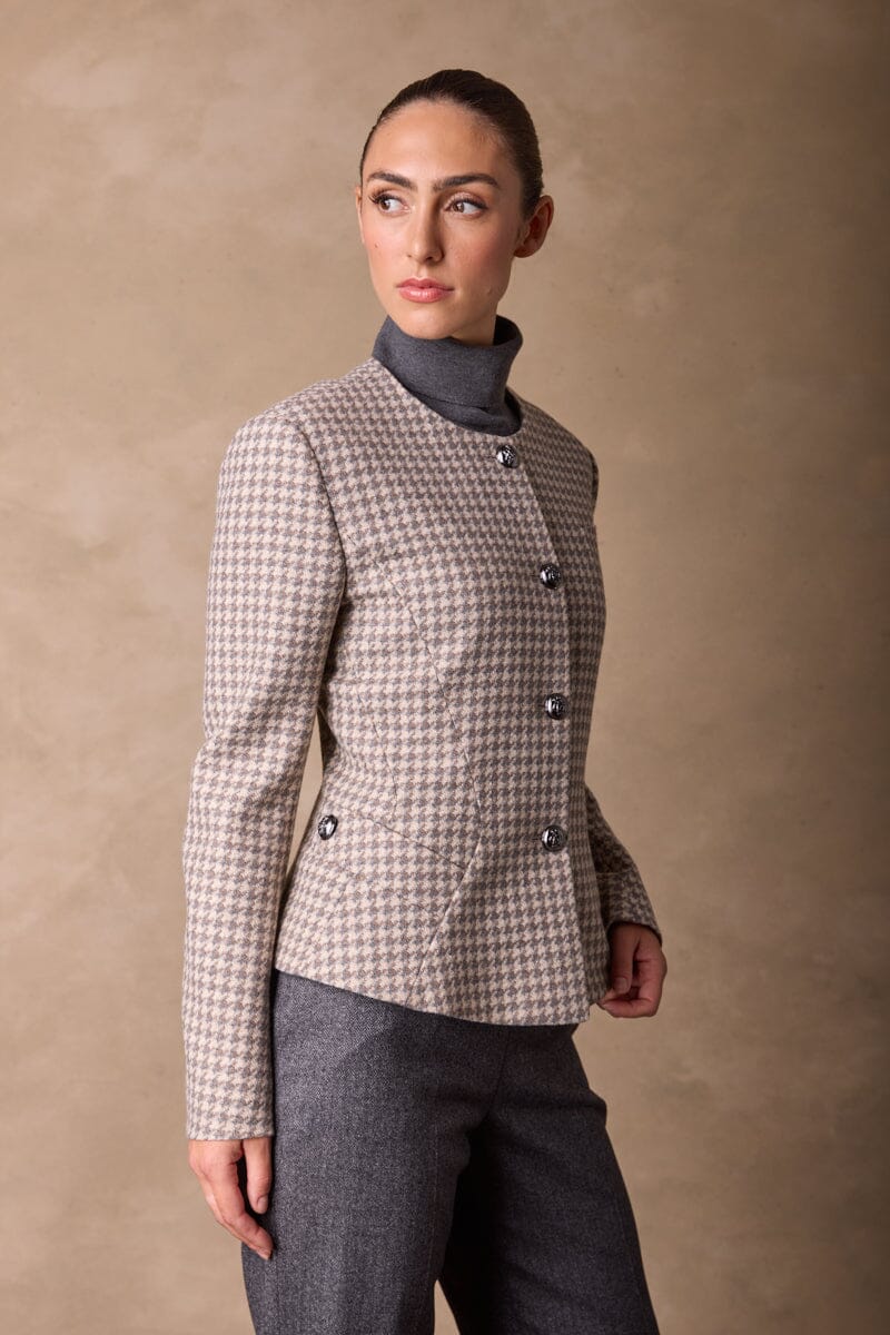 Amelie Crop Jacket - Brown and Grey Houndstooth