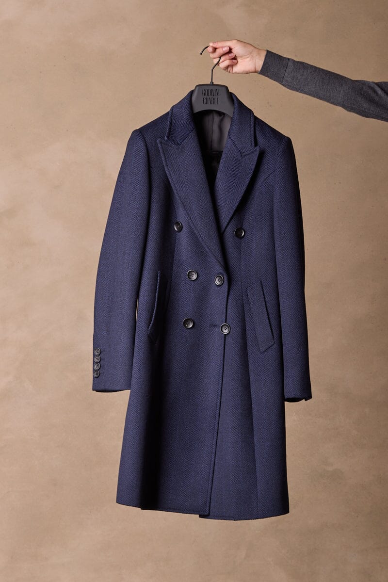 Loren Coat - Navy and Black Herringbone Wool Cashmere
