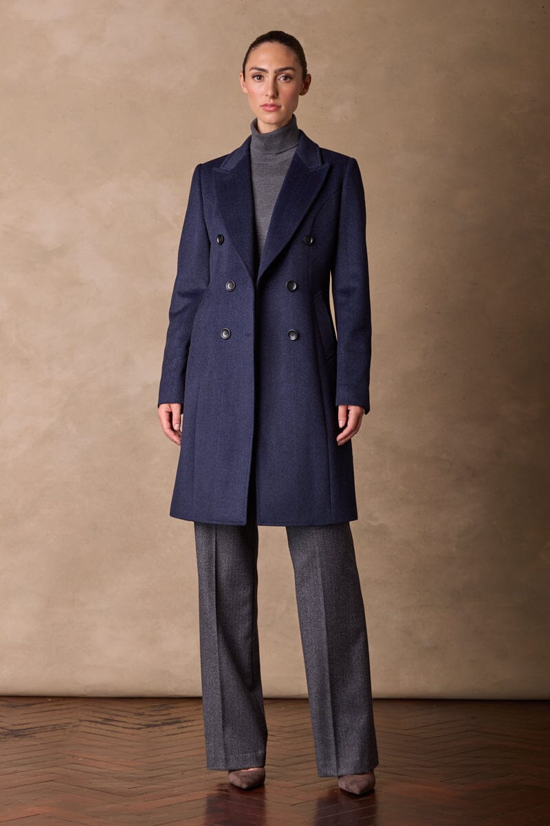 Loren Coat - Navy and Black Herringbone Wool Cashmere