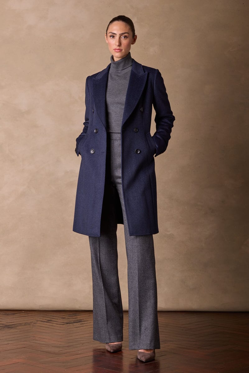 Loren Coat - Navy and Black Herringbone Wool Cashmere