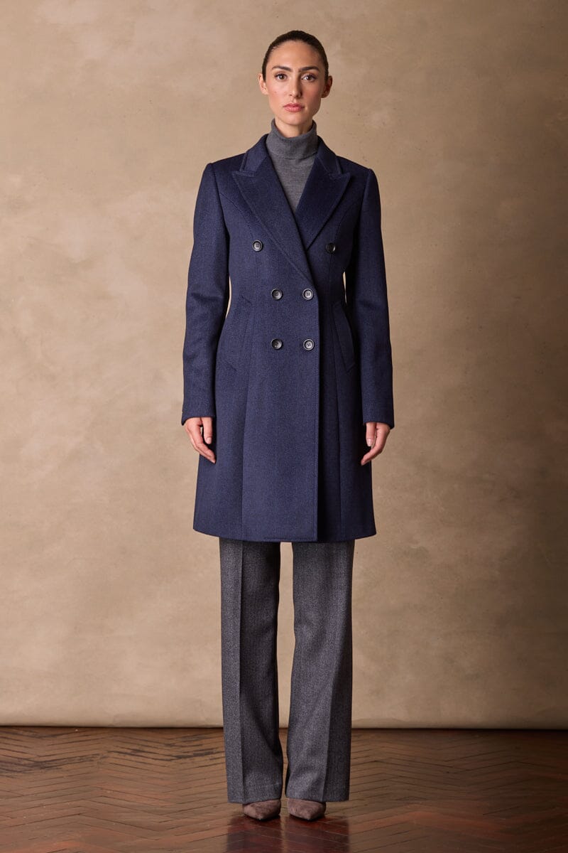 Loren Coat - Navy and Black Herringbone Wool Cashmere