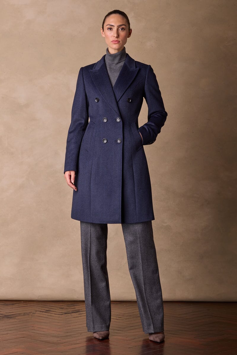 Loren Coat - Navy and Black Herringbone Wool Cashmere