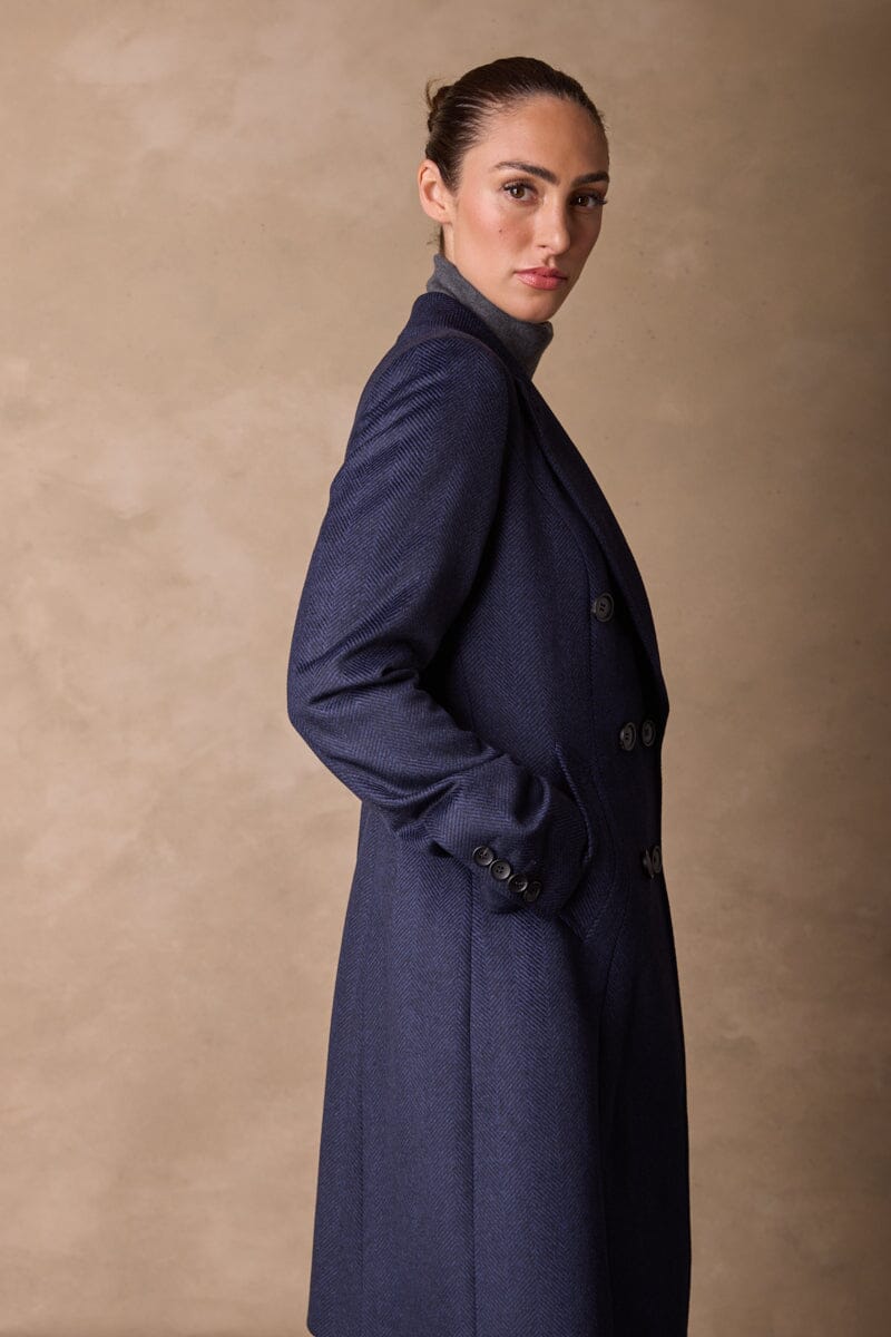 Loren Coat - Navy and Black Herringbone Wool Cashmere