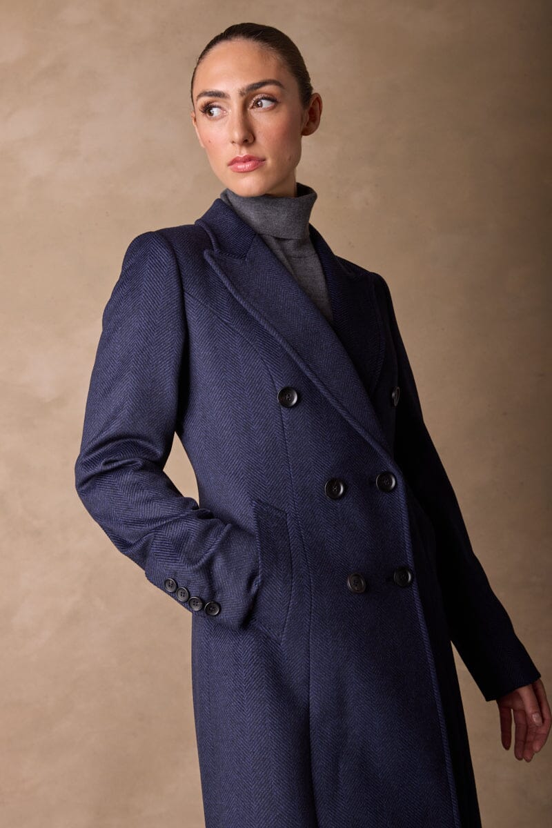 Loren Coat - Navy and Black Herringbone Wool Cashmere
