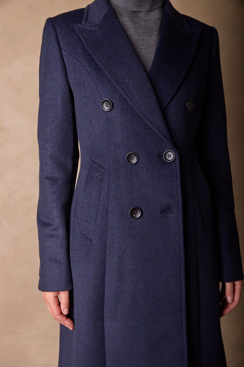 Loren Coat - Navy and Black Herringbone Wool Cashmere