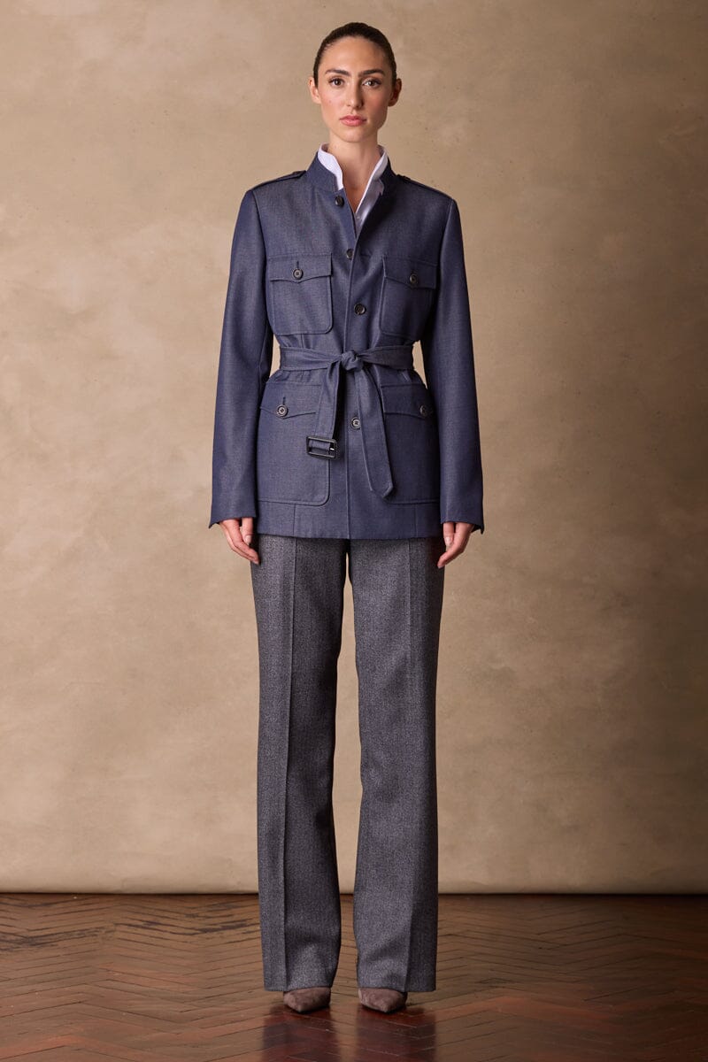 Grace Stand Collar Safari Jacket - Denim Wool Gabardine