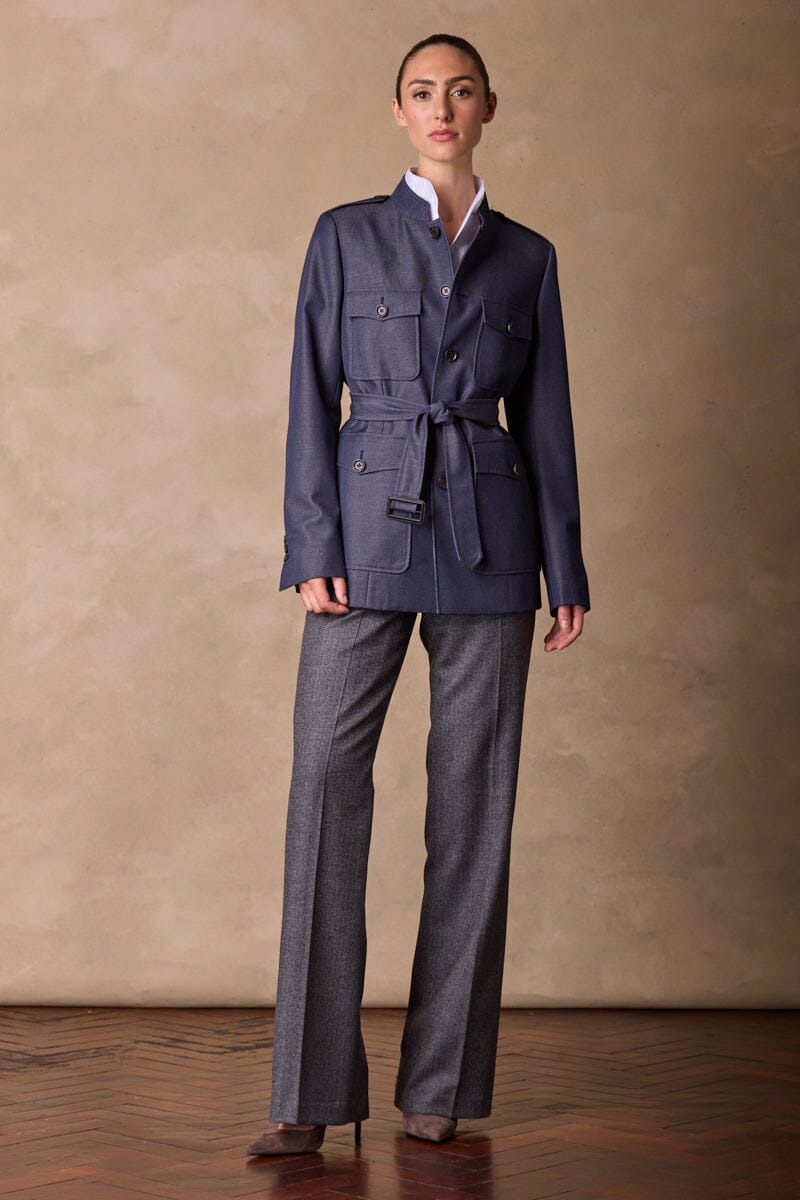 Grace Stand Collar Safari Jacket - Denim Wool Gabardine