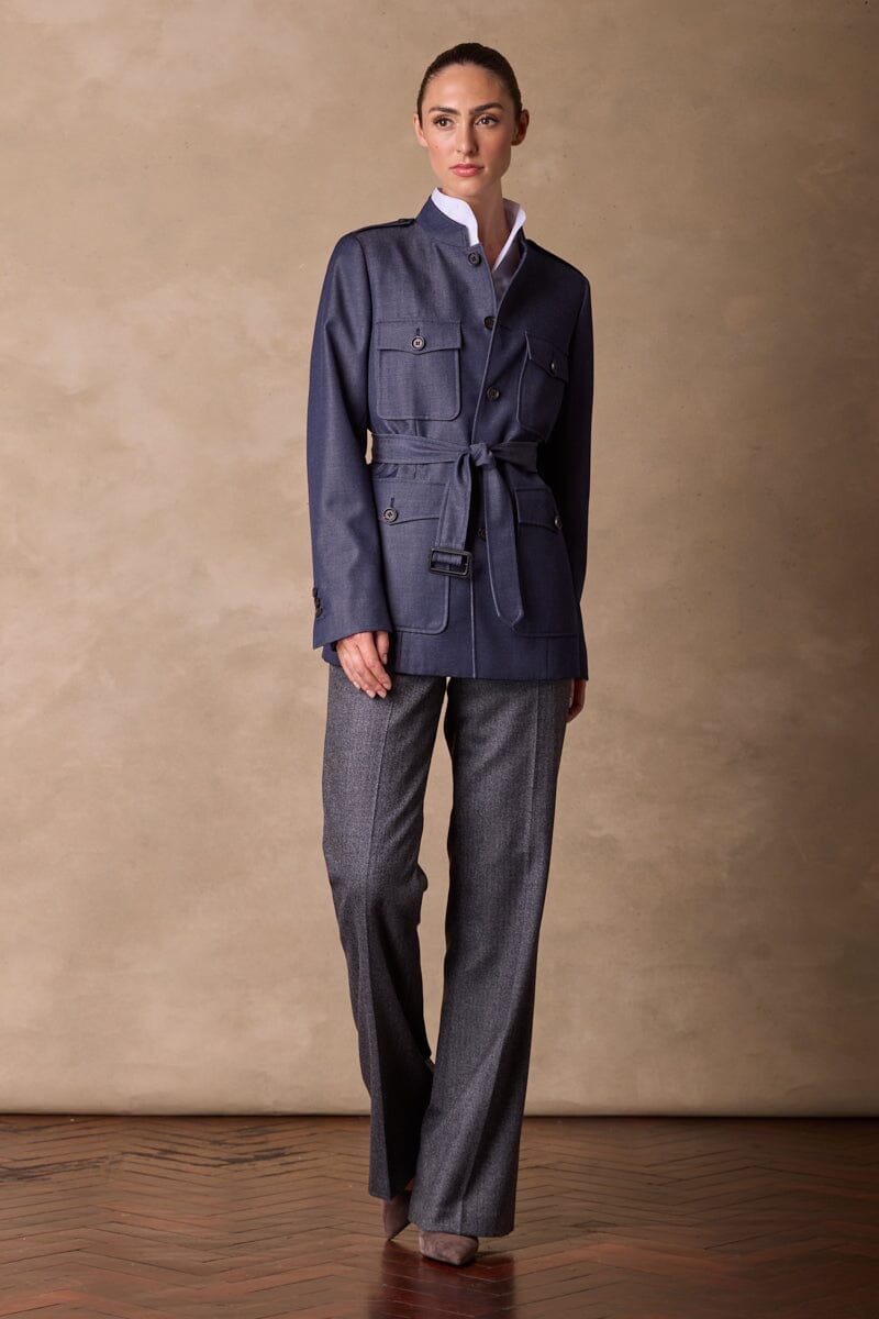 Grace Stand Collar Safari Jacket - Denim Wool Gabardine