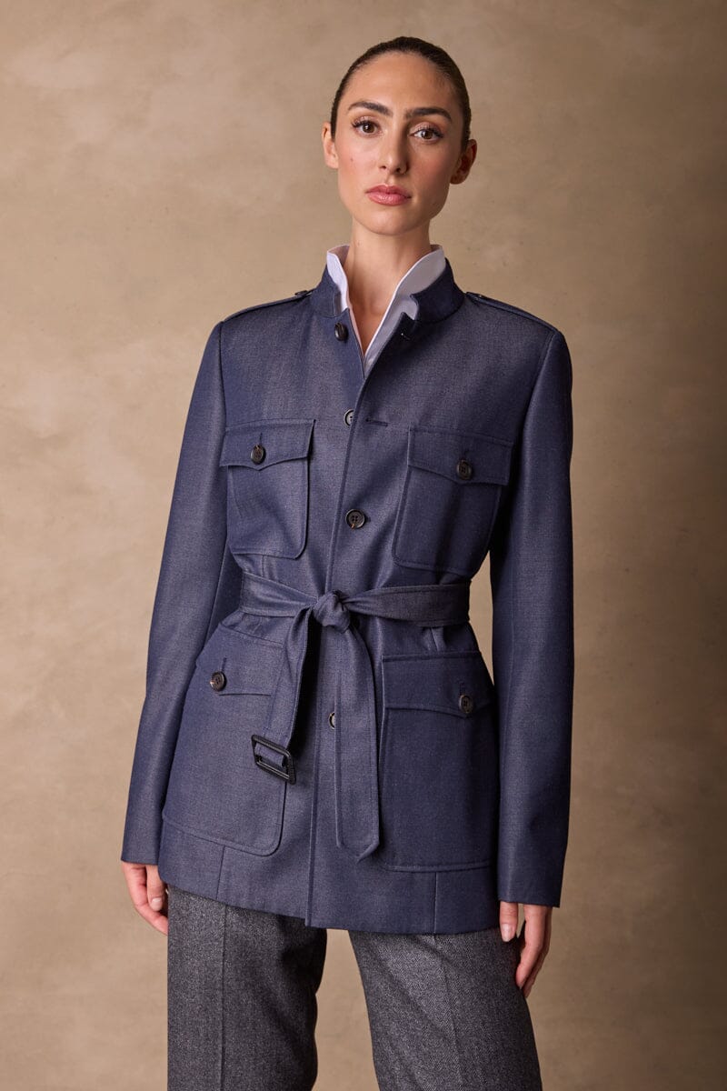 Grace Stand Collar Safari Jacket - Denim Wool Gabardine