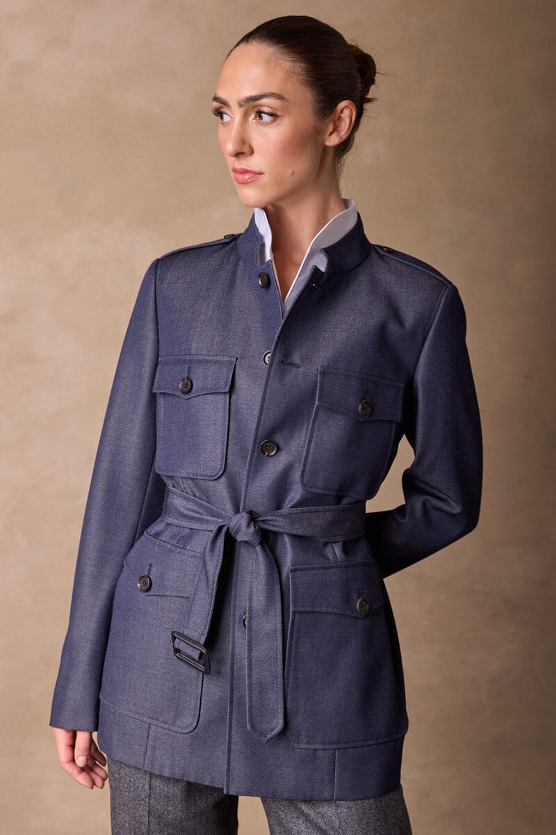 Grace Stand Collar Safari Jacket - Denim Wool Gabardine