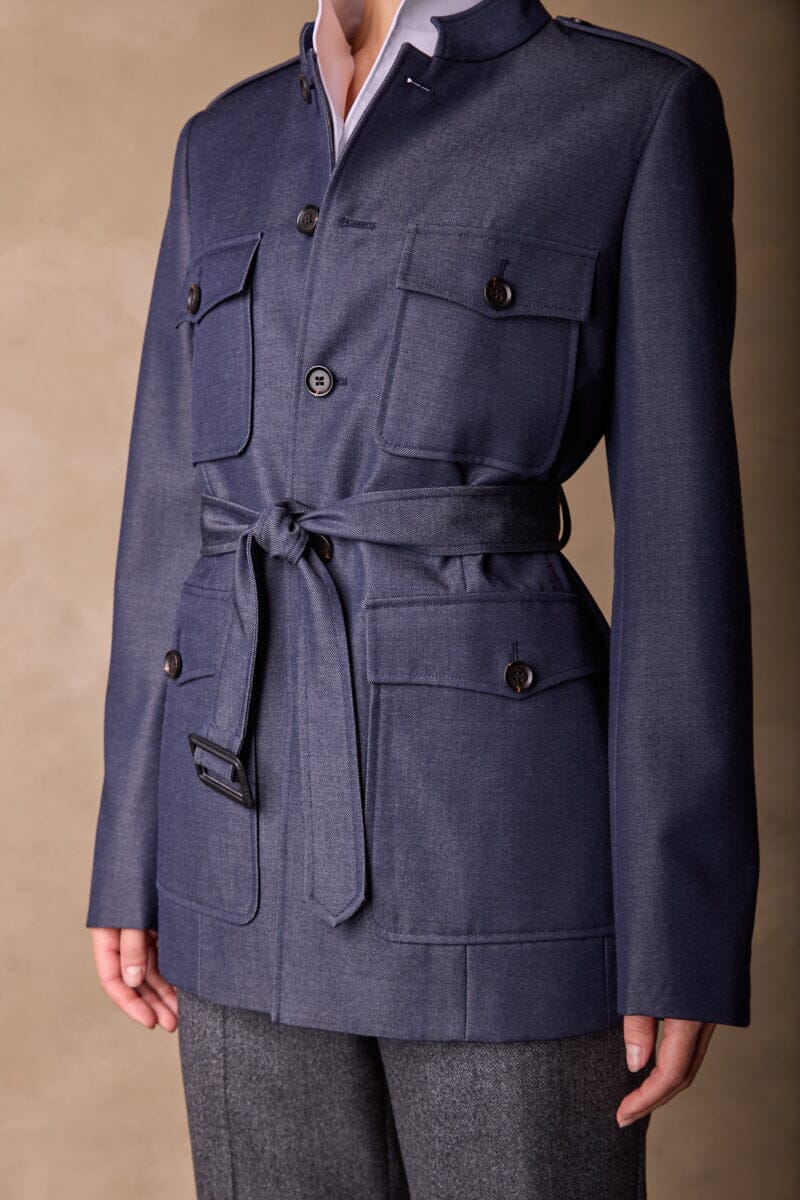 Grace Stand Collar Safari Jacket - Denim Wool Gabardine