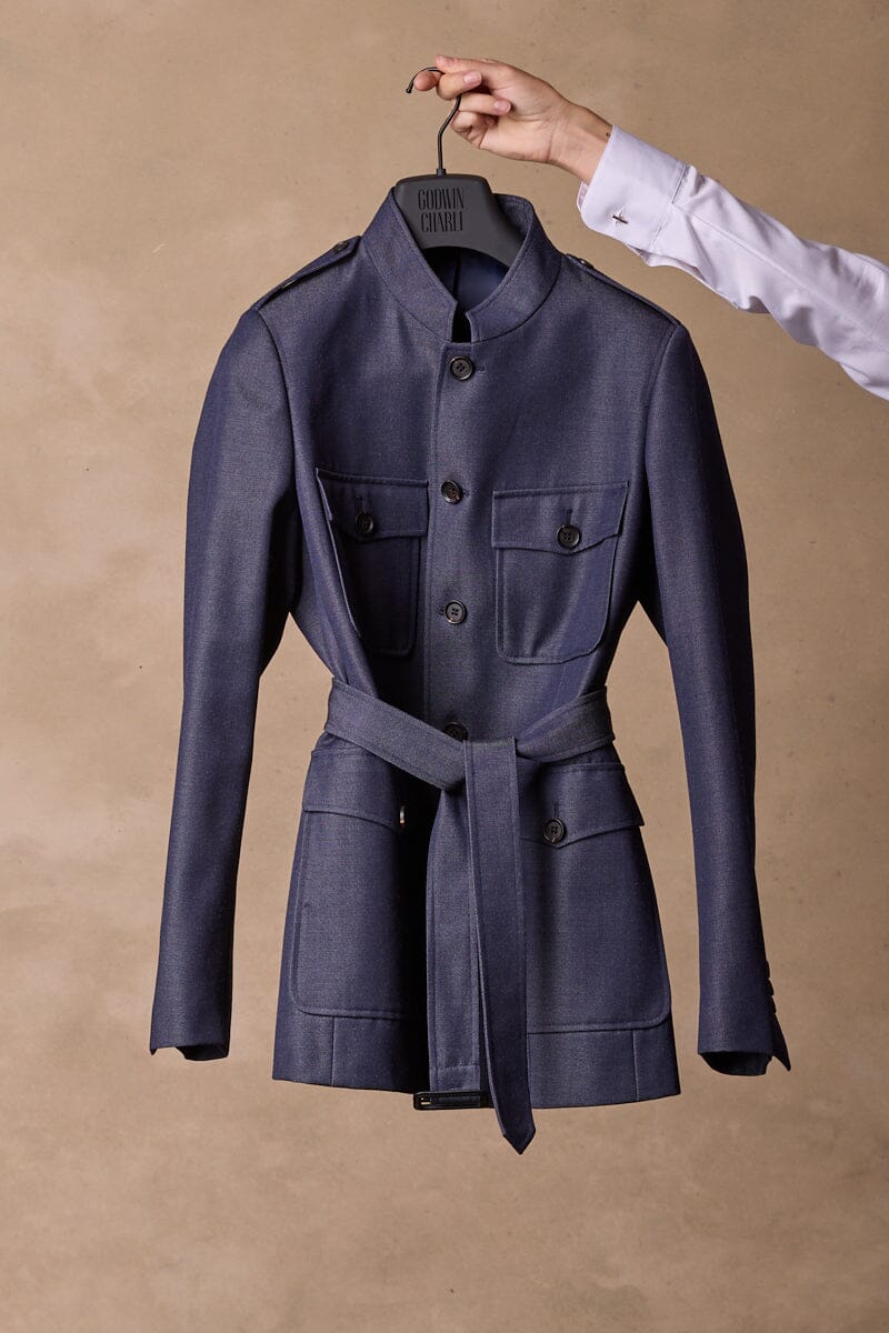 Grace Stand Collar Safari Jacket - Denim Wool Gabardine