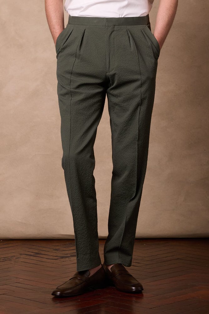 Bailey Pleated Trouser - Olive Seersucker