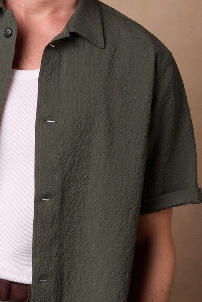 Jake Camp Collar Shirt - Olive Seersucker