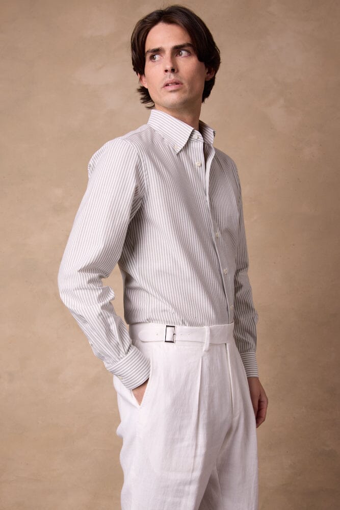 London Button Down Shirt - White & Olive Stripe