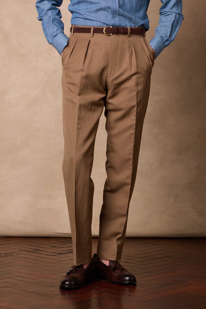 Como Pleated Trouser - Honey Brown Wool Linen