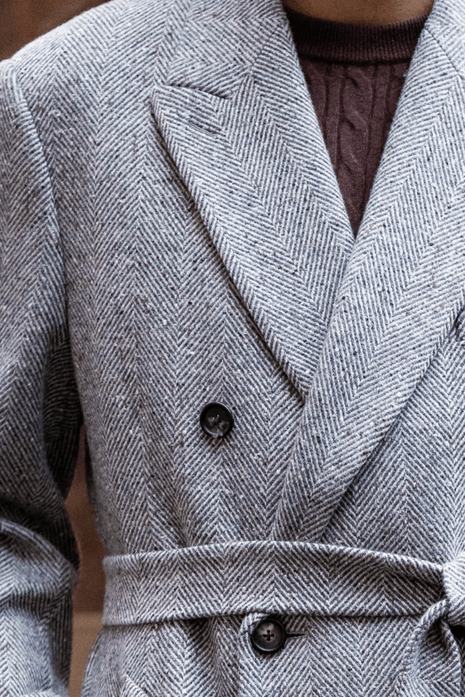 Blake (Long) Coat - Grey, Camel and White Wide Herringbone Wool