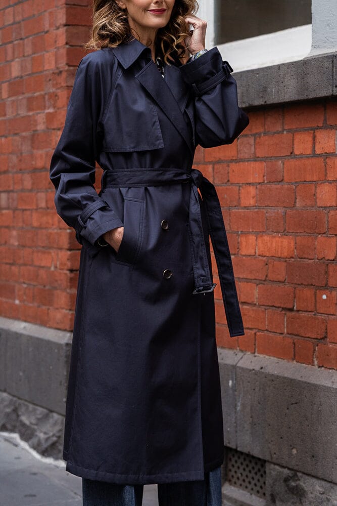 Maddie Oversized Trench Coat - Navy Cotton Gabardine